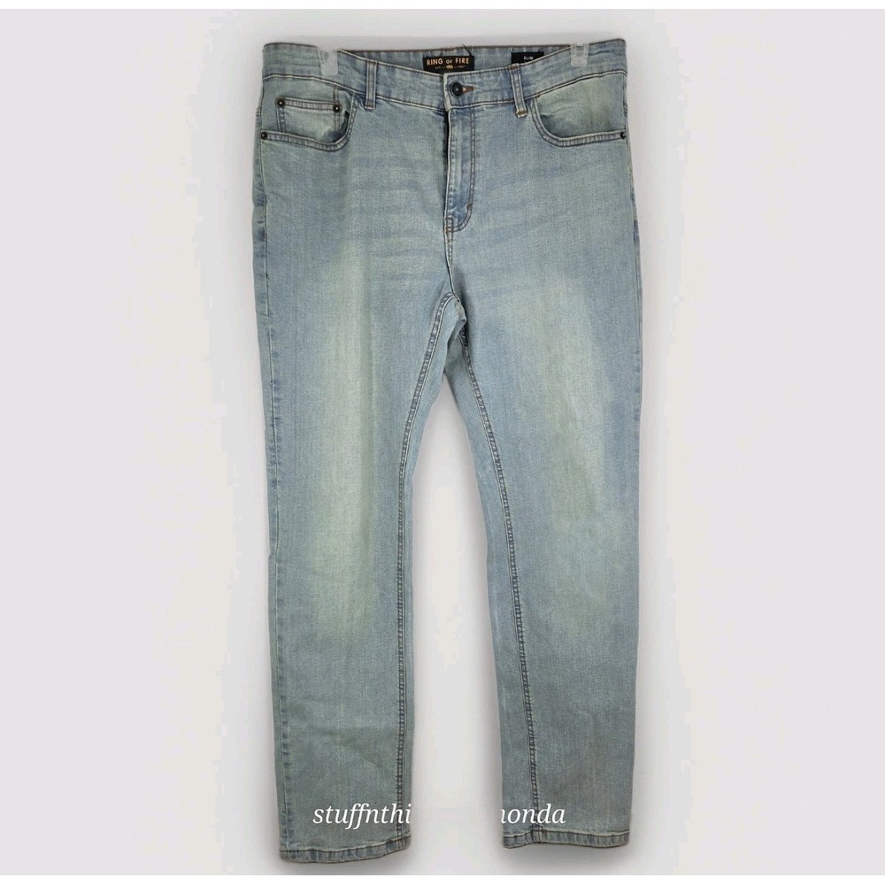 Ring of Fire Jeans Mens Size 36X32 Blue Stretch Slim Fit Straight Distressed